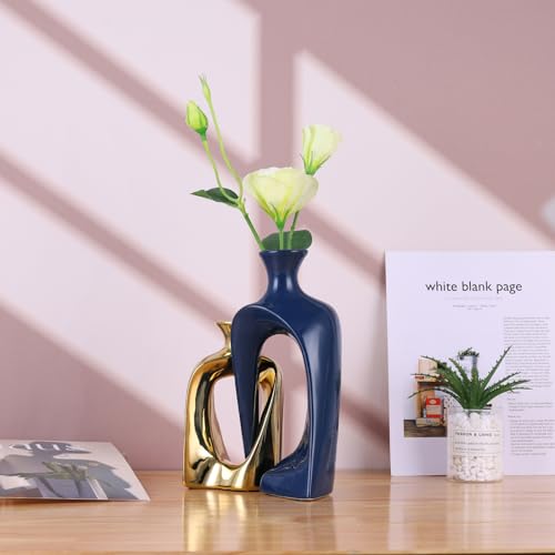 Blue and Gold Ceramic Vases,Pottery Decor Aesthetic Pampas Grass Vase,Midcentury Modern Decor Boho Vase,Unique Donut Vase for Coffee Table Centerpiece,Entry Table Decor (Blue Gold)