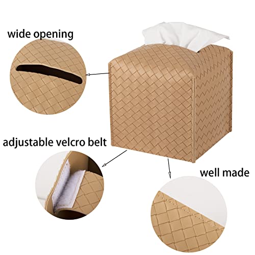 zoocatia Tissue Box Cover PU Leather Tissue Holder Square Facial Tissue Case Facial Paper Organizer Dispenser for Bathroom, Vanity Countertop, Tabletop, Car, Khaki | PU Leather，Easy to Fill, Easy Clean, Decorative Cube Tissue Box Holder for Office, Bathro