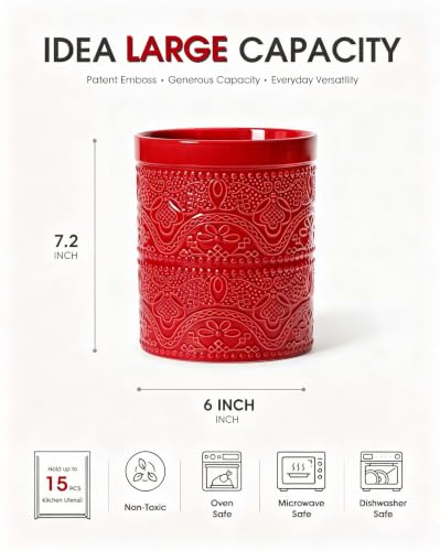 Kitchen Utensil Holder, 7.2" Super Large Utensil Crock Heavy and Stable Lace Emboss Ceramic Utensil Holder for Kitchen Counter (Christmas Red) - color: Christmas Red