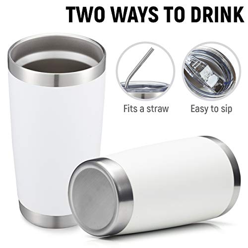 COMOOO 20oz White Tumbler Bulk with Straw Stainless Steel Insulated Coffee Tumbler Cups Double Wall Vacuum Travel Coffee Mug with Splash Proof Sliding Lid for Hot Cold Drinks (White, 4 Pack) - color: White
