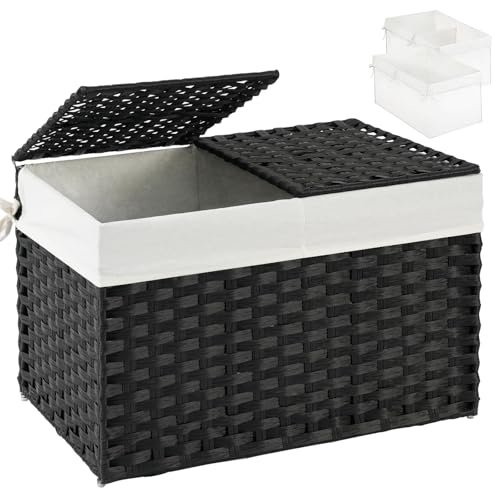 SETVSON Storage Basket with Lid PE Rattan Storage Basket 105L, Black | 27.8 Gallon Storage Bin with 2 Separate Lids, 2 Removable Liners for Clothes & Blankets, Sturdy Metal Frame, PE Rattan - color: Black, size: 105L-25.2L*15.4W*16.1H