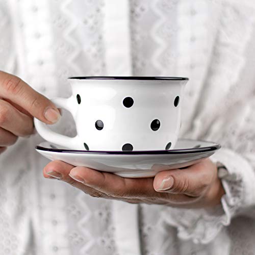 City to Cottage Handmade White And Black Polka Dot Ceramic 8.4oz/250ml | Cappuccino, Coffee, Tea Cup and Saucer, Unique Designer Pottery for Tea Lovers - color: White - 8.5oz (250ml)