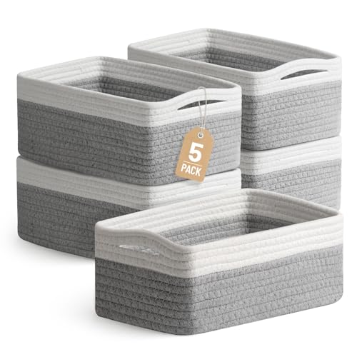 5 Pack Small Woven Storage Baskets for Shelves, Gift Baskets Empty | 11.8"x7.9"x4.7", Decorative Cotton Rope Baskets Organizer, Storage Bins for Organizing Bathroom, Closet, Nursery, Gray/White - color: Gray & White