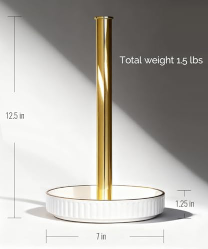 Paper Towel Holder, Ceramic Heavy Plate Base Wobble-Free, Roll Stand-Gold | Effortless Cleaning and Easy to Assemble, Super Large for Triple Rolls, High End Looking as a Good Gift for Kitchen Island - color: Lux-gold
