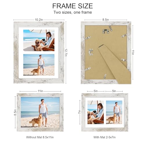 Hongkee 8.5x11 Picture Frame Set of 2, Distressed White Certificate Document Frames with Glass Collage Frame, Display Pictures Two 5x7 With Mat or 8.5 x 11 Without Mat, Photo Frames Wall Gallery - color: Distressed White, size: 8.5x11 in matted to 2-5x7