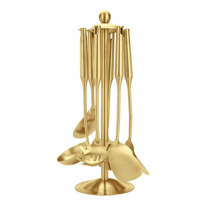 Premium 7-Piece Gold Kitchen Utensil Set with Stand, Stainless Steel Cooking Tools- Dishwasher Safe Ladle, Spoon, Spatula, Pasta Fork, Luxury Brass Kitchen Accessories for Home Chefs (Gold) - color: Gold