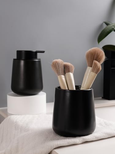 Bosilunlife Soap and Toothbrush Holder Set - Ceramic Bathroom Accessories Set Black Foaming Hand Soap Dispenser Set Bathroom Counter Toothbrush Holder and Soap Dispenser Set - color: Black-rounded Base Foam