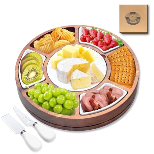 360° Rotating Lazy Susan Cheese & Charcuterie Board Set - 13.5" Acacia with Built-in Slate Chiller, 3 Ceramic Bowls & 2 Cheese Knives - Housewarming, Birthday & Wedding Gift - size: Round 13.5" Lazy Susan