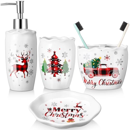 Christmas Bathroom Accessories Set of 4, Christmas Buffalo Bathroom Decor Merry Christmas Bathroom Tumbler Soap Dispenser Toothbrush Holder Soap Dish for Winter Xmas Theme Bathroom Decoration - style: Christmas