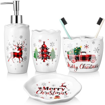 Christmas Bathroom Accessories Set of 4, Christmas Buffalo Bathroom Decor Merry Christmas Bathroom Tumbler Soap Dispenser Toothbrush Holder Soap Dish for Winter Xmas Theme Bathroom Decoration - style: Christmas