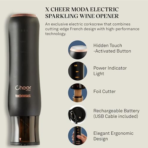 Wine Enthusiast x Cheer Moda Automatic Wine Opener – Electric Corkscrew with Hidden Touch Button, USB Charger & Foil Cutter – Rechargeable Sleek Wine Bottle Opener Gift Set – Modern French Design - color: Wine