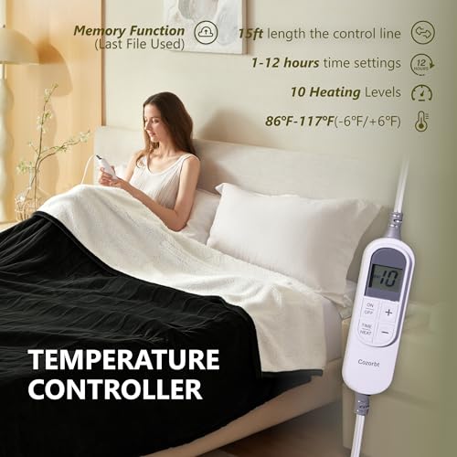 Heat Blanket 50”x60” Throw,Soft Flannel & Sherpa Reversible Electric Blanket with 10 Heat Settings,12 Timer Setting and 8 Hours Auto-Shut Off,ETL Certified Machine Washable,Black - color: Black, size: 50*60in
