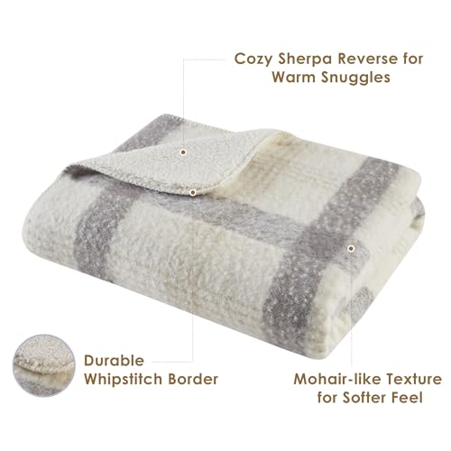 Woolrich Sherpa Whipstitch Throw Blanket 50x60 Plaid Soft Couch | Lightweight comfort for layering, Sofa ready accent for lodge rooms, Fringe edge adds texture, Easy care, OEKO-TEX certified - color: Natural
