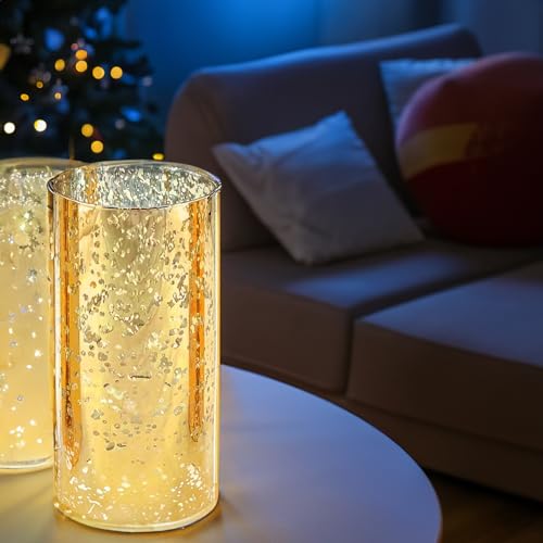 WGVI Hurricane Candle Holder Sleeve, W: 3", Ht: 6", Gold Speckled Glass Cylinder Open Both Ends, Chimney Tube Shade, 2 Pieces - color: Gold Speckle, size: 3x6"H
