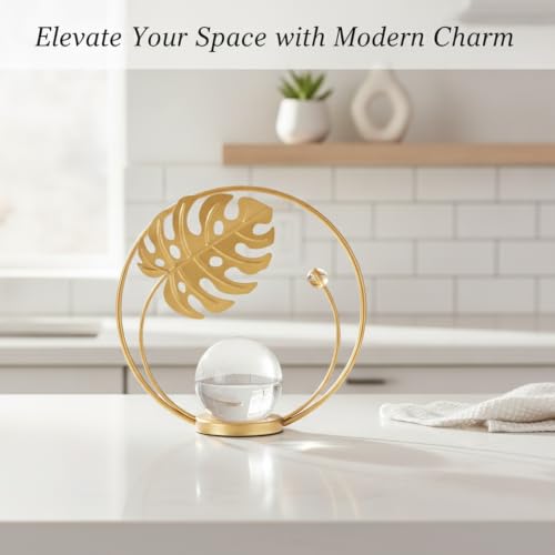 for Shelf, Desk, or Console Table Display: Modern Geometric Metal Leaf and Crystal Ball Sculpture Accent (1 PC) - size: 5.31 x 5.31 x 5.31 in