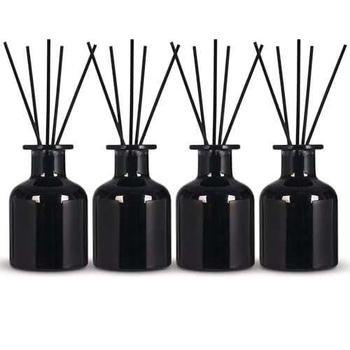 4 Pack Perfume Reed Diffuser Bottle,Empty Big Belly Aromatherapy Essential Oil Bottles Glass Jar with Black Sticks for DIY Fragrance Replacement Diffuser Sets (150ml/ 5 oz, Black Color) - color: Black( 5 Oz )