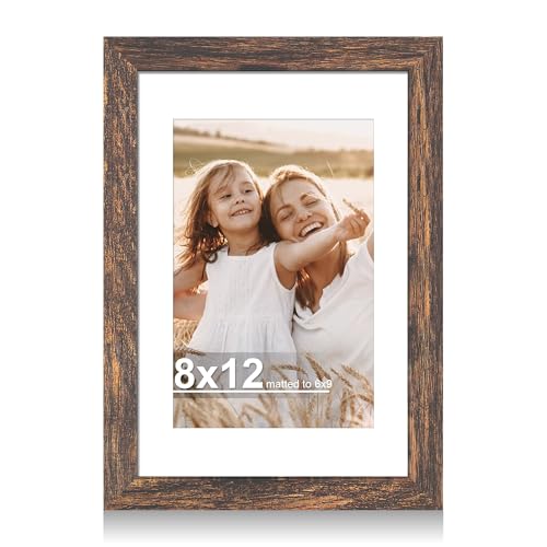 Hongkee 8x12 Picture Frame with Real Glass, Wood Frame 1 Pack(with Mat 6x9) | Rustic Brown, Display 8 x 12 No Mat for Wall and Tabletop for Photos, Artwork; Fits Home, Office & Gallery Wall Decor - color: Rustic Brown, size: 8X12 in