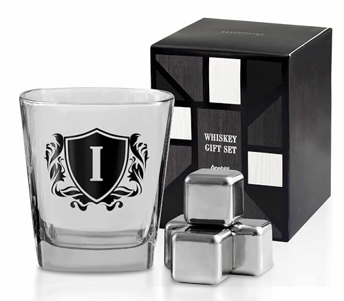 Whisky Gifts for Men, Personalized Initial Whiskey Glass with Whiskey Stones for Dad, Boyfriend, Best Friends, Coworkers, Husband, Brother, Uncle and Boss on Father's Day, Boss Day and Birthday - I - color: I