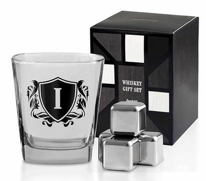Whisky Gifts for Men, Personalized Initial Whiskey Glass with Whiskey Stones for Dad, Boyfriend, Best Friends, Coworkers, Husband, Brother, Uncle and Boss on Father's Day, Boss Day and Birthday - I - color: I