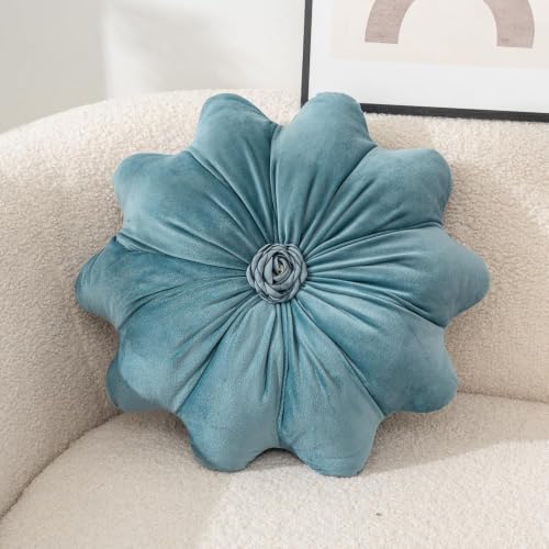 Flower Pillow Cushion Round Decorative Throw Pillows 15.7 Inch Velvet Flower Shaped Pillow Floral Cushion for Sofa, Couch, Vanity Chair, Bed (Blue) - color: Blue