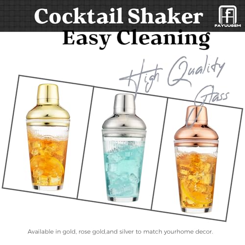Glass Cocktail Shaker, 17oz Leak-Proof Martini Shaker with Built-in Strainer, Thick Ribbed Drink Shaker Bar Tool for Home Bartending and Aesthetics, Gold - color: Gold