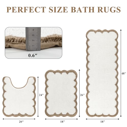 Pauwer Bathroom Rug Sets 3 Piece, Scalloped Bath Rugs, Beige and Khaki | Non Slip Washable Bath Mat With U-Shaped Toilet Rug, Extra Absorbent Quick Dry, For Floor Sink - color: Beige and Khaki