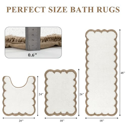Pauwer Bathroom Rug Sets 3 Piece, Scalloped Bath Rugs, Beige and Khaki | Non Slip Washable Bath Mat With U-Shaped Toilet Rug, Extra Absorbent Quick Dry, For Floor Sink - color: Beige and Khaki