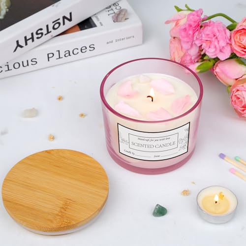 CONNOO 8 Pack 12 OZ Pink Glass Wide Mouth Candle Jars | Airtight Bamboo Lids, Sticky Warning Labels, Empty Container Bulk, Dishwasher Safe - color: Pink