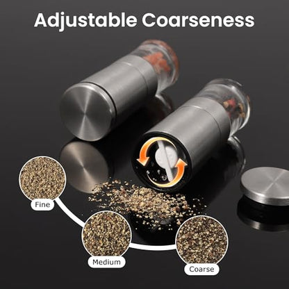 Mini Salt and Pepper Grinder Set Stainless Steel, Small Tiny Adjustable Coarseness Ceramic Salt Grinder with Funnel and Bag Portable Handy Spice Pepper Mill Shaker For Outdoor Party Lunch Bag Kitchen - color: Silver 2-Pack