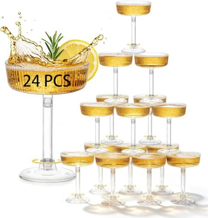 24 Pack 6oz Plastic Martini Glasses, Ribbed Coupe Glasses Set, Disposable Vintage Cocktail Cups for Champagne Tower, Wedding, Birthday, Party & Event Glassware