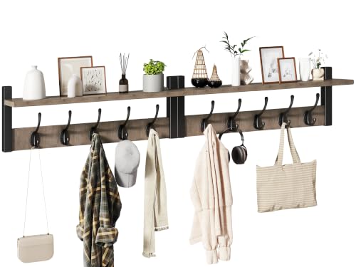 47.2" Coat Rack Wall Mount with Shelf and 10 Hooks, Silver Gray UHWS004Y-2 | 2 Pack Coat Hooks Wall Mount, Wood Wall Mounted Coat Rack with Hooks, Coat Hanger Wall Mount, Wall Hooks for Hanging - color: Silver Gray