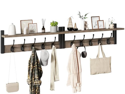 47.2" Coat Rack Wall Mount with Shelf and 10 Hooks, Silver Gray UHWS004Y-2 | 2 Pack Coat Hooks Wall Mount, Wood Wall Mounted Coat Rack with Hooks, Coat Hanger Wall Mount, Wall Hooks for Hanging - color: Silver Gray