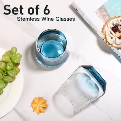 JOVGANK Blue Stemless Wine Glasses Set of 6 - Hand Blown White Red Stemless Wine Glass - 17 oz, [Lead-Free Crystal Glass] Large Short Glass Tumblers, Housewarming Gifts and Mother's Day Gift - color: Blue