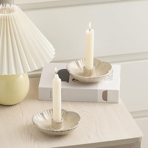 Ceramic Taper Candle Holder, Candlestick Holder with Tray Base | Stable round tray base helps hold taper candles securely while the polished ceramic finish adds a clean decorative look. - color: Camel