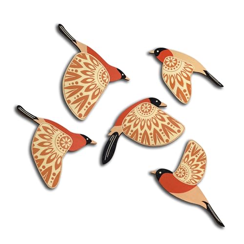 Vumyhuby 5-Piece Orange Wooden Bird Wall Art, Rustic Folk Flying Bird Decor - color: Orange