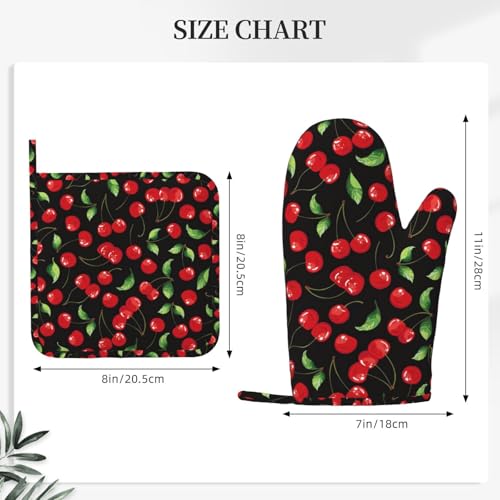 Watercolor Cherries Oven Mitts and Pot Holders Sets Silicone Cherry Fruit Pattern Kitchen Oven Mitts Hot Pads Heat Resistant Potholders Kitchen Mitts Set for Baking BBQ Cooking - color: Black Red