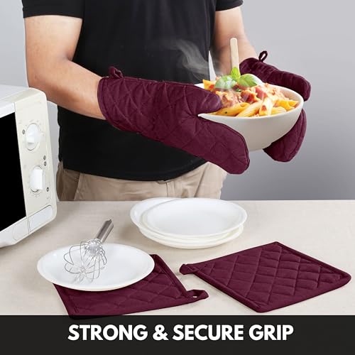 Oven Mitt (7"x13") & Pot Holder (8"x8") 100% Cotton Set of Heat Resistant Oven Gloves & Hot Pads for Gifts, BBQ, Cooking, Baking, Thanksgiving - Burgundy Wine - color: Burgundy Wine