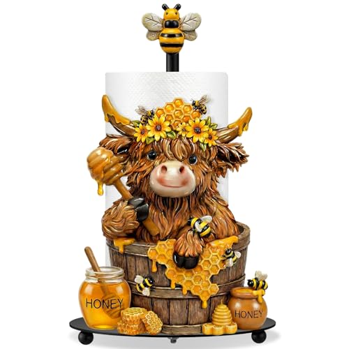 Bee Highland Cow Paper Towel Holder Sunflower Honey Kitchen Bathroom Decor Farmhouse Large Metal Highland Cow Honeycomb Towel Holder Stand with Round Base for Home Countertop Accessories - style: Honey Bee