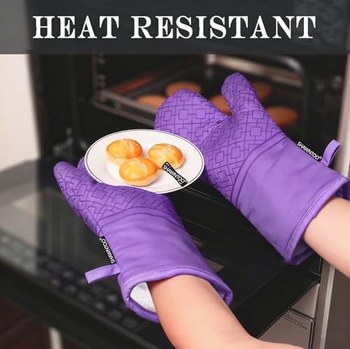 Oven Mitts and Pot Holders Sets 6pcs, Kitchen Oven Glove,High Heat Resistant 550 Degree Extra Long Oven Mitts and Potholders with Non-Slip Silicone Surface for Home Essentials (Grey) (Purple) - color: Purple