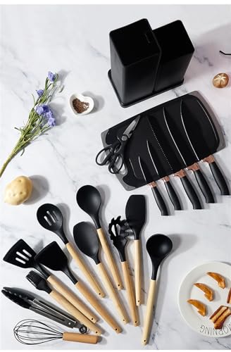 19 Pieces Kitchen Utensils and Knife Set with Block, Inldued 9 Pieces Silicone Cooking Utensils Set 5 Pieces Sharp Stainless Steel Chef Knives Scissors Whisk Tongs and Cutting Board (Black) - color: Black