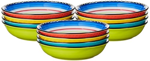 Tequila Sunrise 9.25-Inch Soup and Pasta Bowls Set of 4, 38 oz Large Colorful Ceramic Bowls, Assorted Fiesta Stripe Designs, Microwave Safe Southwest Tableware for Meals & Entertaining (Pack of 3) - size: Large (Pack of 3)