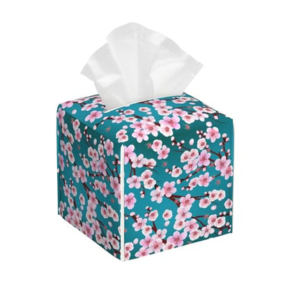 Pink Cherry Blossom Branches Tissue Box Cover Square, Tissue Box Holder with Bottom Belt Leather Facial Paper Organizer Dispenser for Bathroom Bedroom Dresser Night Stand Tabletop - color: Pink Cherry Blossom Branches