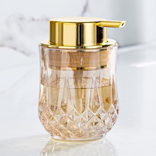 Enra Glass Soap Dispenser, Gold Hand Soap Dispenser Crystal Small Design | Refillable Liquid Soap Dispenser with Elegant Pump Design.Perfect for Bathroom,Kitchen Countertop and Modern Home Decor. - color: Gold-liquid
