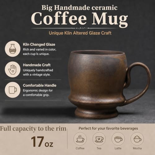 17oz Big Unique Handmade Pottery Coffee Mug with Comfortable Big handle, Reactive Glaze Ceramic Coffee Mug, Artisanal Stoneware Tea Mug,Lead-free Clay, Microwave and Dishwasher safe (Gilt) - color: Gilt