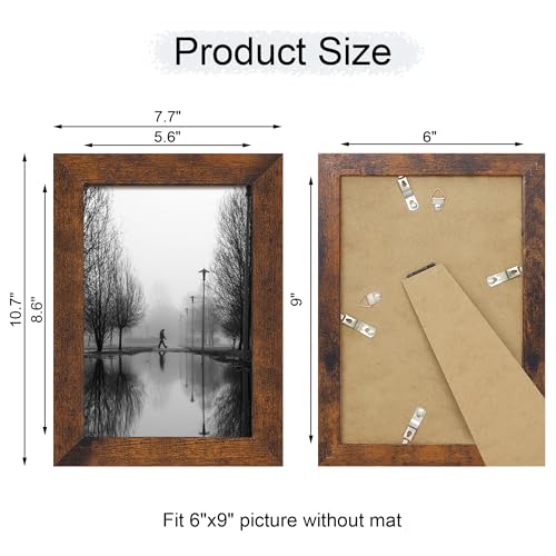 iRahmen 6x9 Picture Frame Set of 4, High Definition Real Glass Rustic Frame, 6 x 9 Wood Photo Frames for Tabletop Display and Wall Mounting - color: Dark Brown, size: 6X9