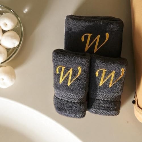 Monogrammed Bath, Hand, Washcloth Cotton Towel Set, Personalized Gift 3Pc-W - color: Black & Gold, size: Initial W