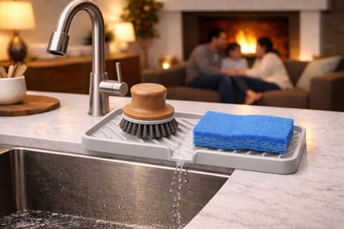 Silicone Soap Dish Tray and Sponge Holder with Drain Chute and Feet | 3-Way Sloped Design | Bathroom and Kitchen Sink Organizer Caddy (Light Grey, 10"x4", 7.8 Ounces) - color: Light Grey, size: 10"x4"