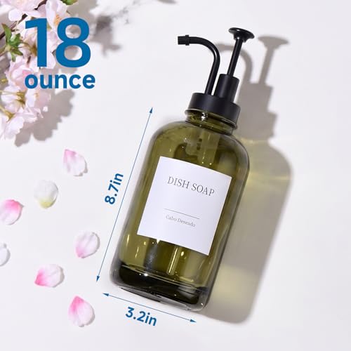 Glass Soap Dispenser with Upgrade Pump, Hand and Dish Soap Dispenser for Bathroom Kitchen, Soap Dispenser Set with 9 Stickers Funnel Bamboo Tray 500ml 18oz Green - color: Olive Green