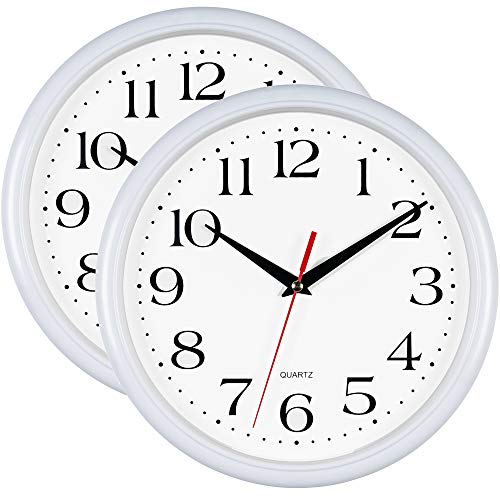 Bernhard Products White Wall Clocks 10 Inch, Set of 2 Silent Non Ticking Quality Quartz Battery Operated Round Easy to Read Home/Office/Kitchen/School Classroom Clock - color: White, size: 10 Inch - 2 Clocks