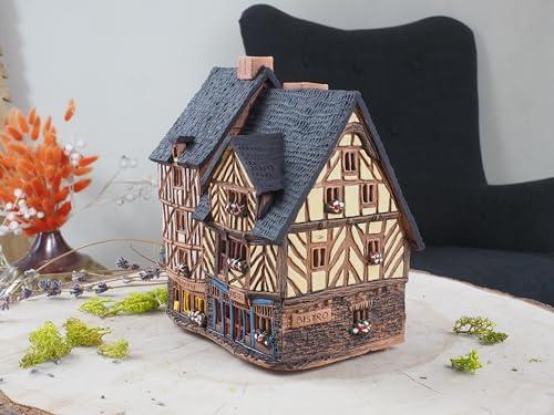 Ceramic Art Tealight Candle Holder Room Decoration Handcrafted Collectible Miniature Aroma Light House Traditional Half-Timbered Houses in The Old Town of Rennes, France B299AR*